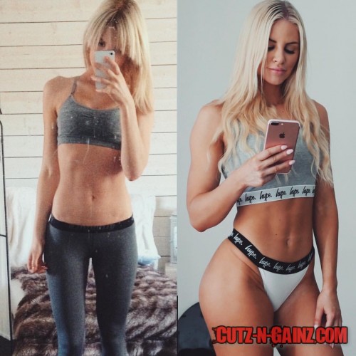 Blondes Fitnessmodel zeigt eine starke Transformation. Vorher zeigt sie bereits einen schlanken Körper, nachher den perfekten Fitnessbody.